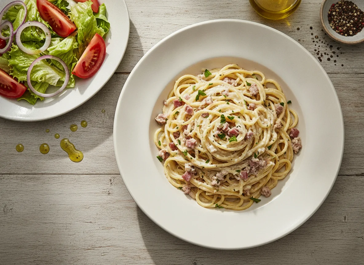 Pasta con salsa cremosa y ensalada mixta photo