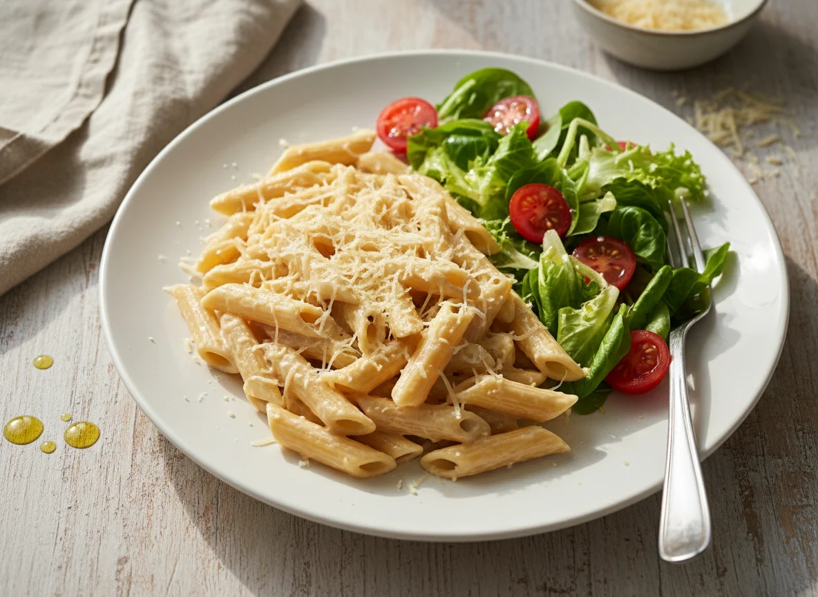 Pasta con salsa cremosa y ensalada photo
