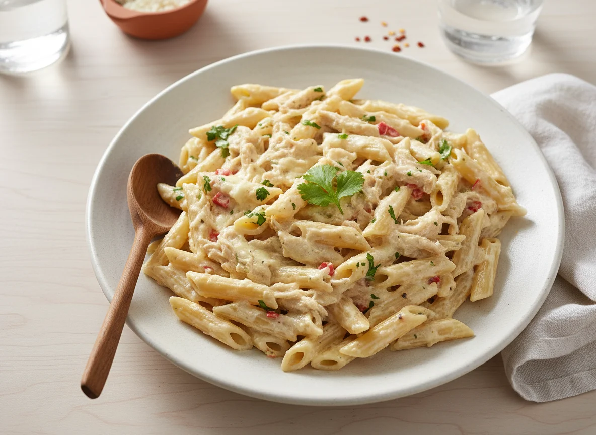 Pasta con salsa cremosa y pollo photo