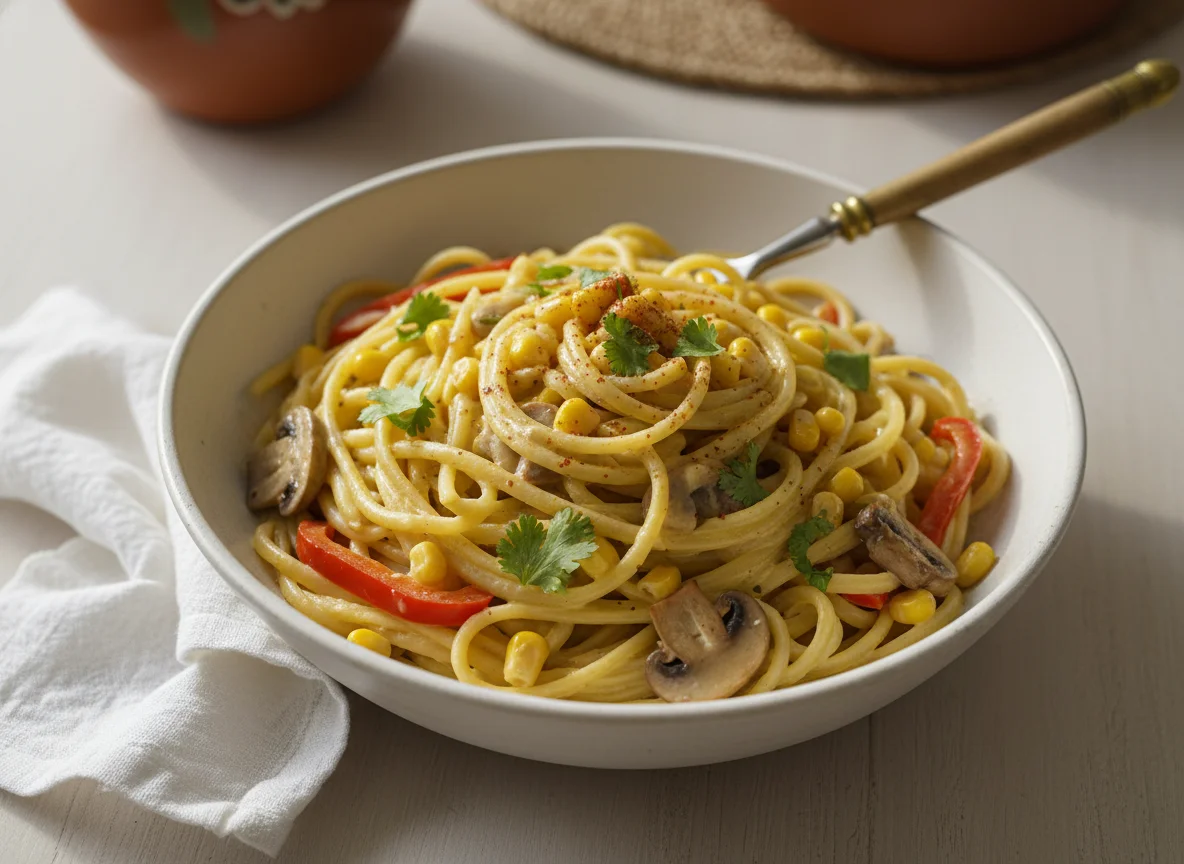Pasta con salsa cremosa y vegetales photo