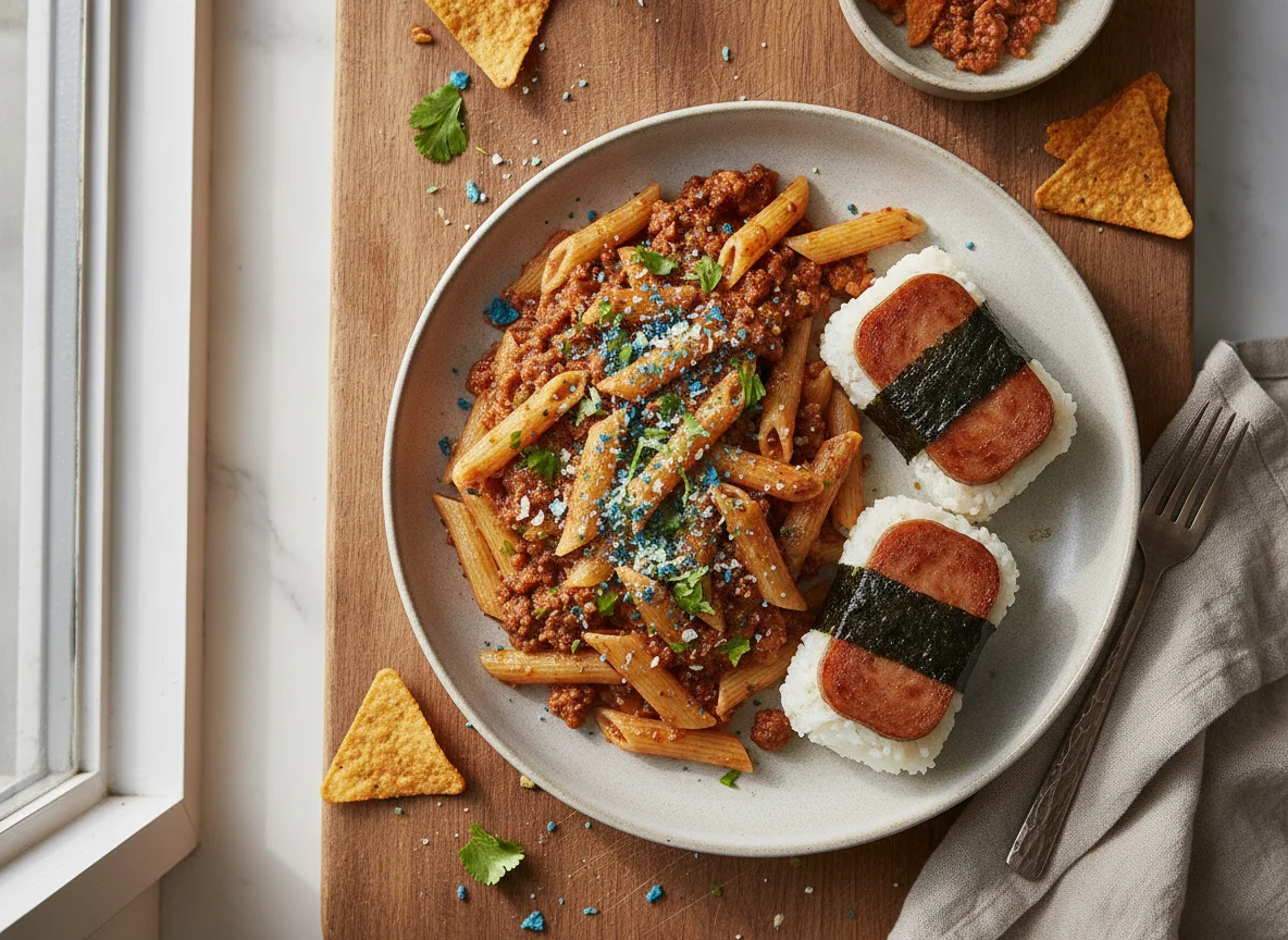 Pasta con salsa de carne, Doritos y Musubi photo