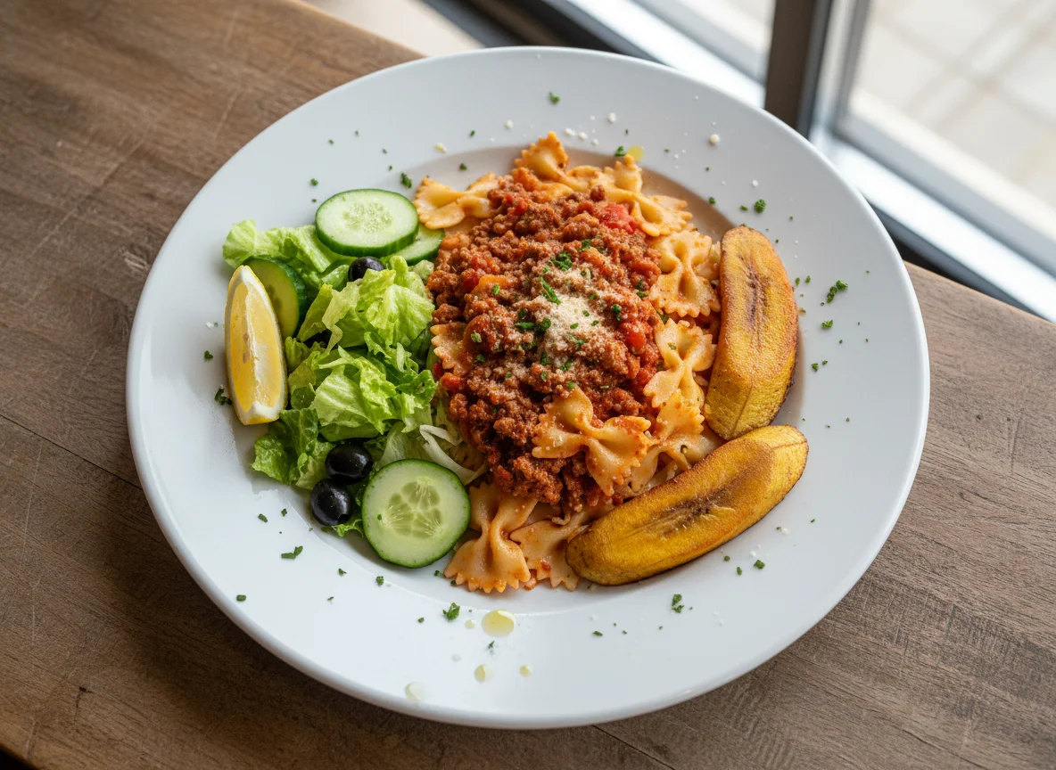 Pasta con salsa de carne, ensalada y plátano photo