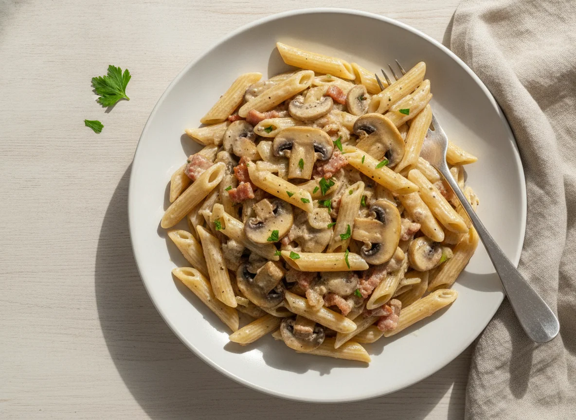 Pasta con salsa de champiñones y nata photo