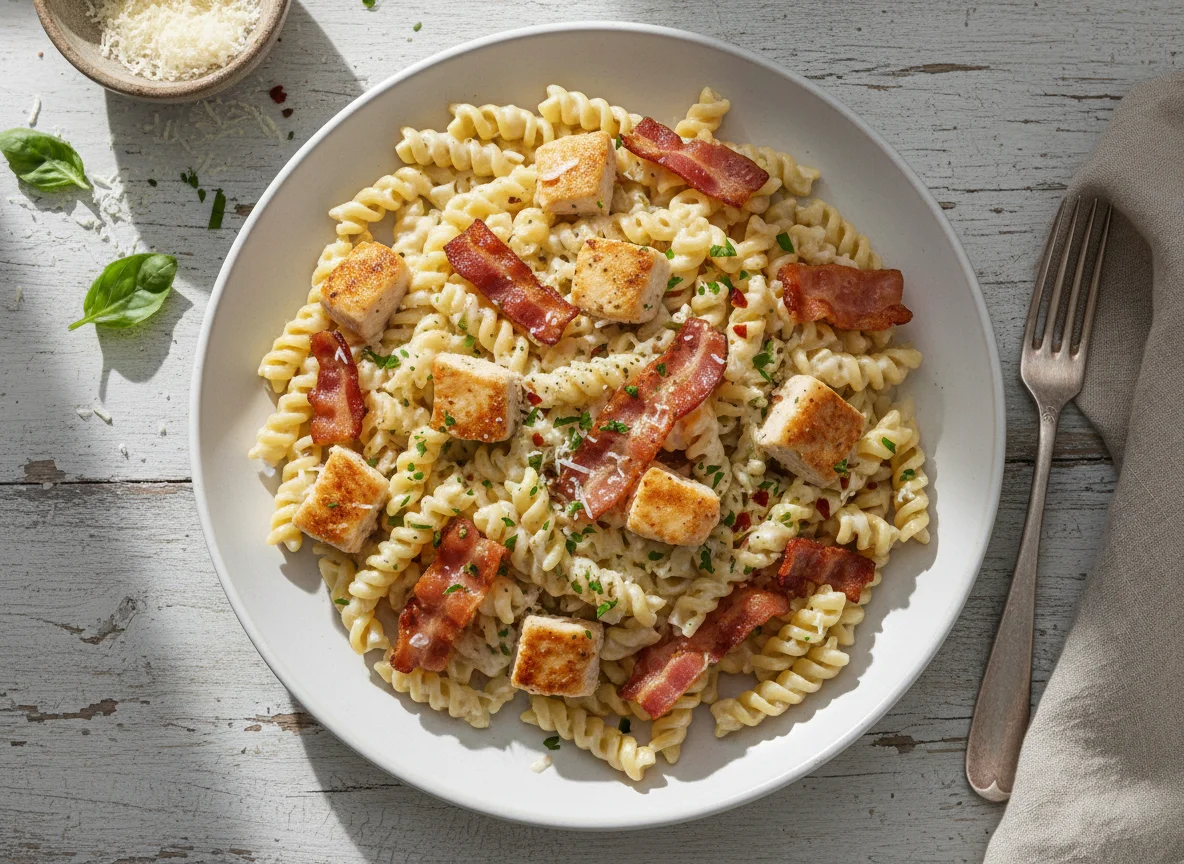 Pasta con salsa de pollo y tocino photo