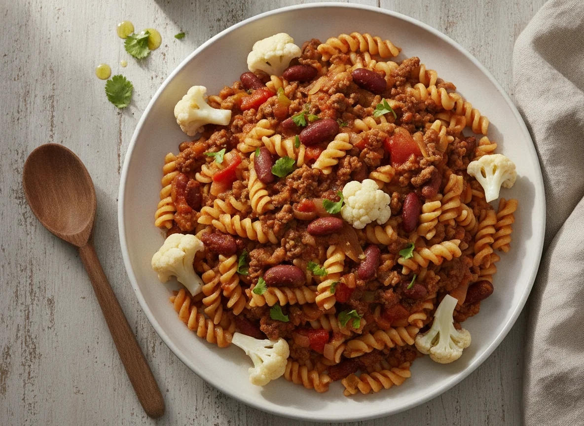 Pasta con salsa de porotos rojos y coliflor photo