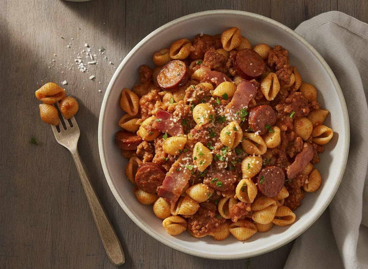 Pasta con salsa de tomate carne bacon y salchicha photo