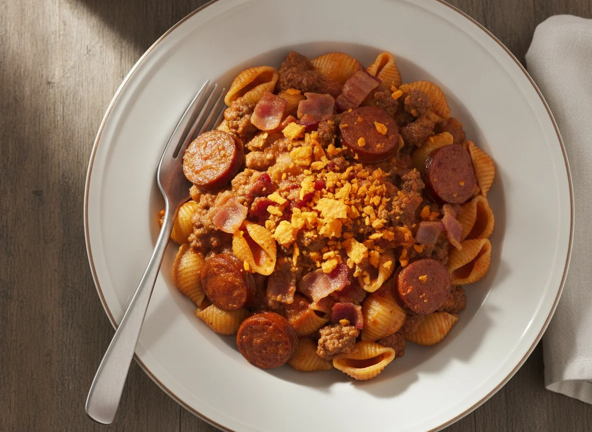 Pasta con salsa de tomate, carne, bacon y salchicha photo