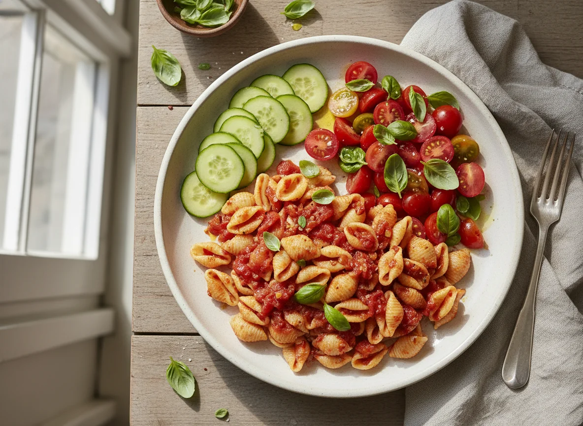 Pasta con salsa de tomate, ensalada de tomate y albahaca, y pepino photo