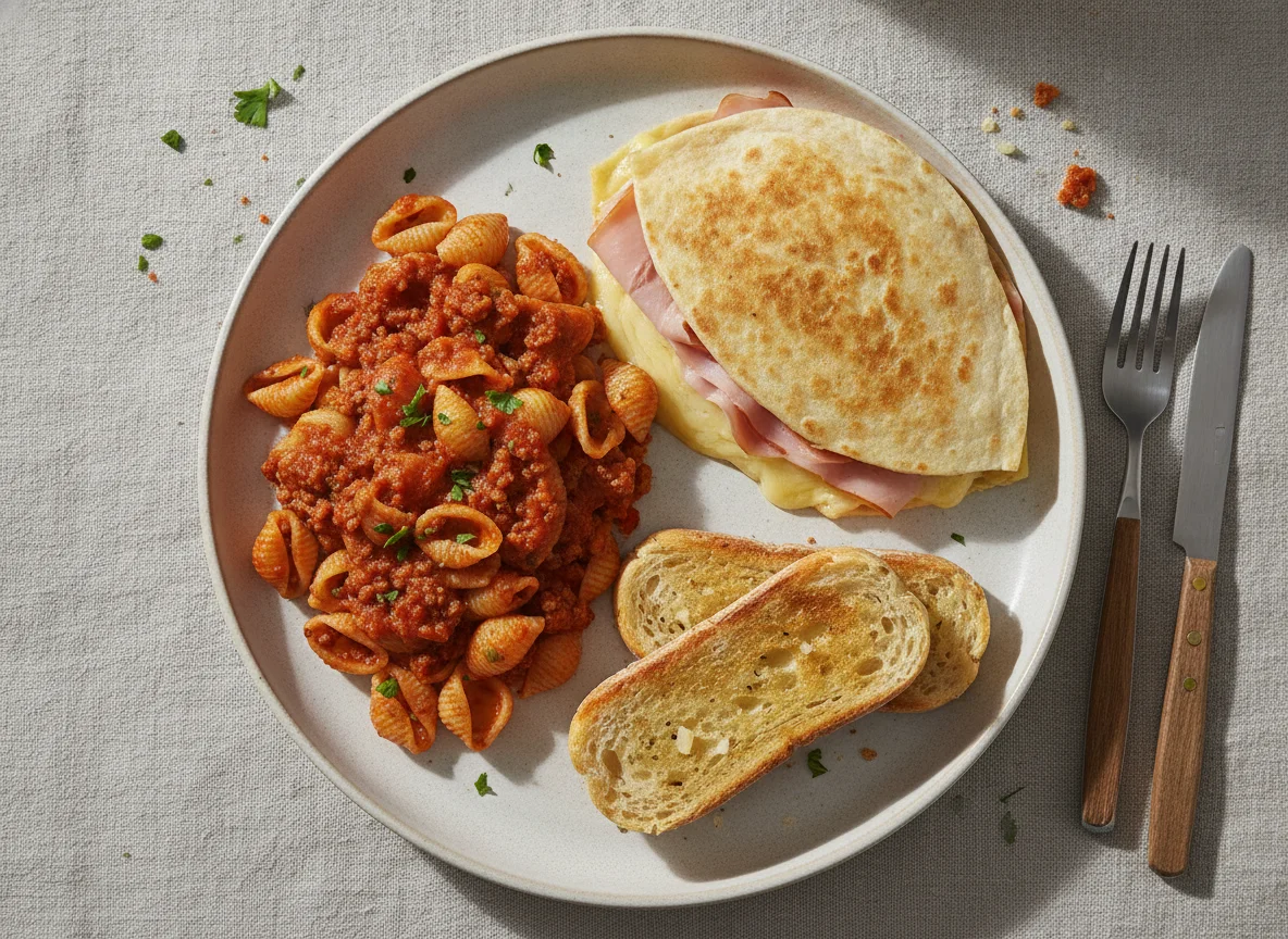 Pasta con salsa de tomate, quesadilla de jamón y pan tostado photo
