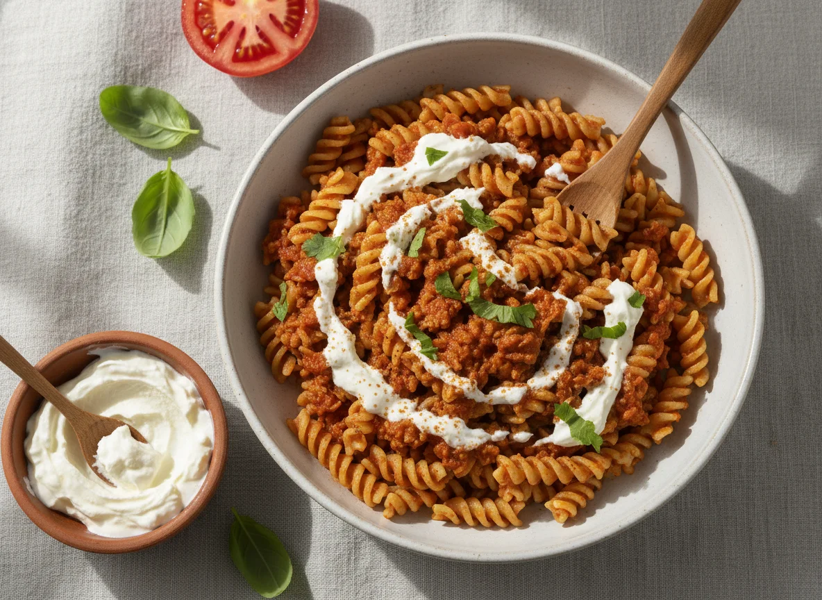 Pasta con salsa de tomate, soja texturizada y queso fresco photo
