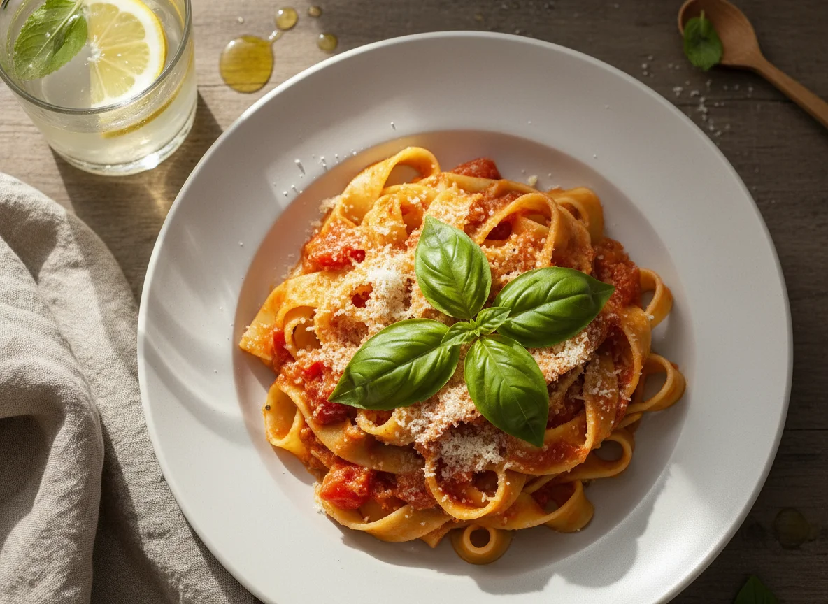 Pasta con salsa de tomate y albahaca photo