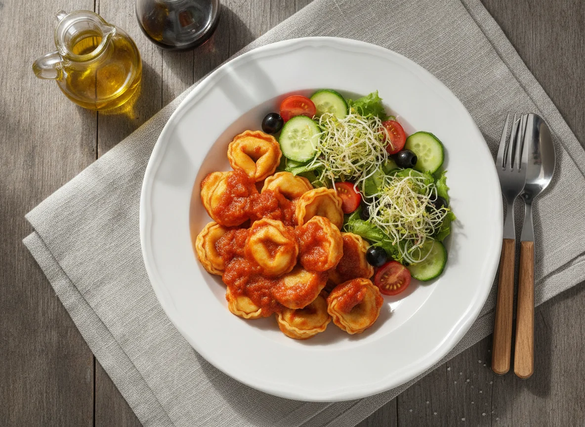 Pasta con salsa de tomate y ensalada mixta photo