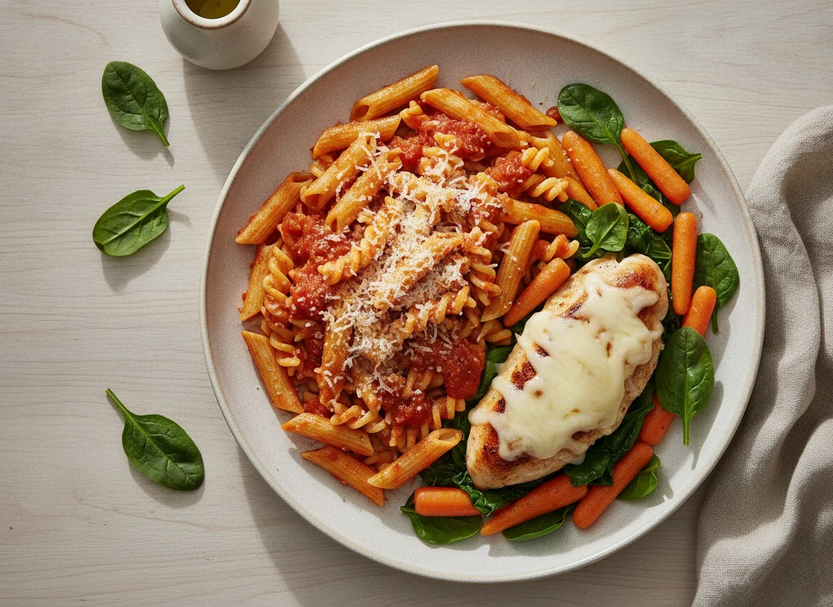 Pasta con salsa de tomate y pollo con verduras photo