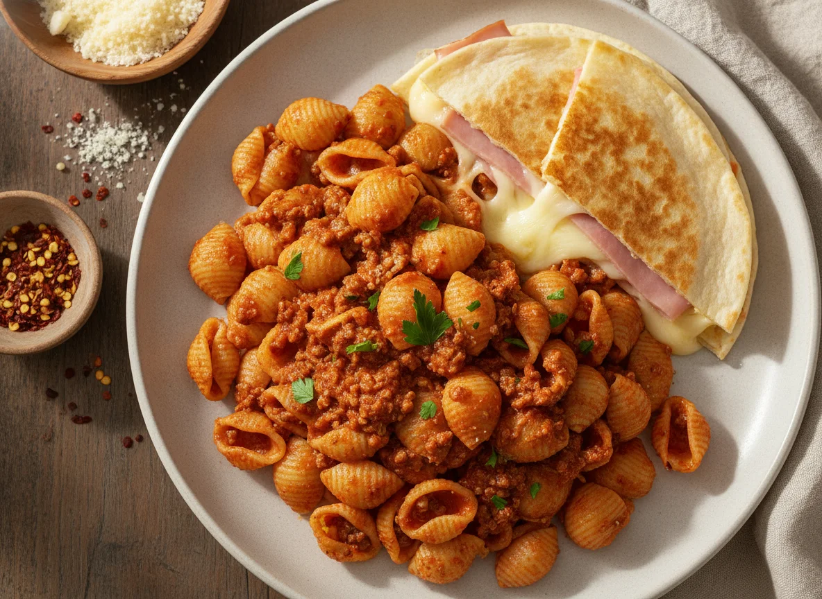 Pasta con salsa de tomate y quesadilla de jamón photo