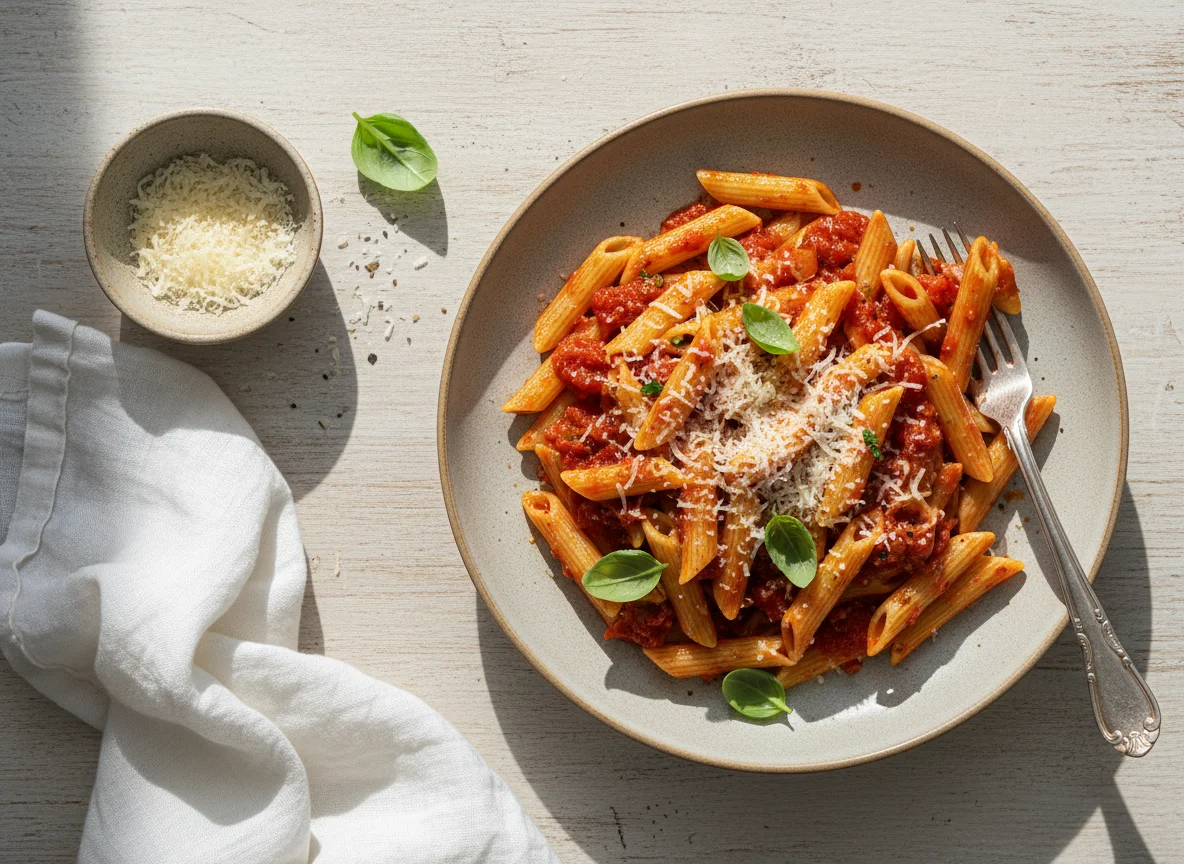 Pasta con salsa de tomate y queso photo