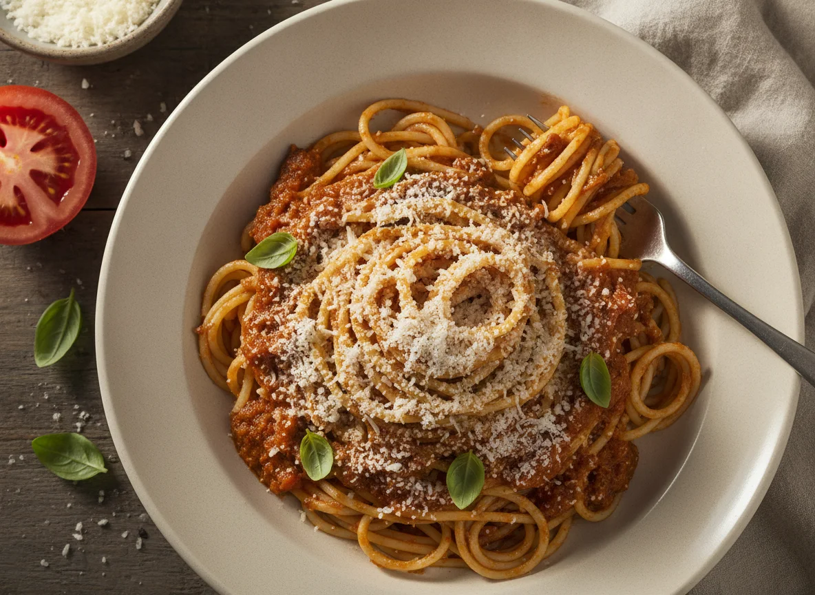 Pasta con salsa de tomate y queso rallado photo