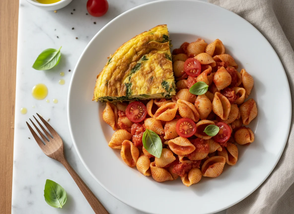 Pasta con salsa de tomate y tortilla de acelga photo