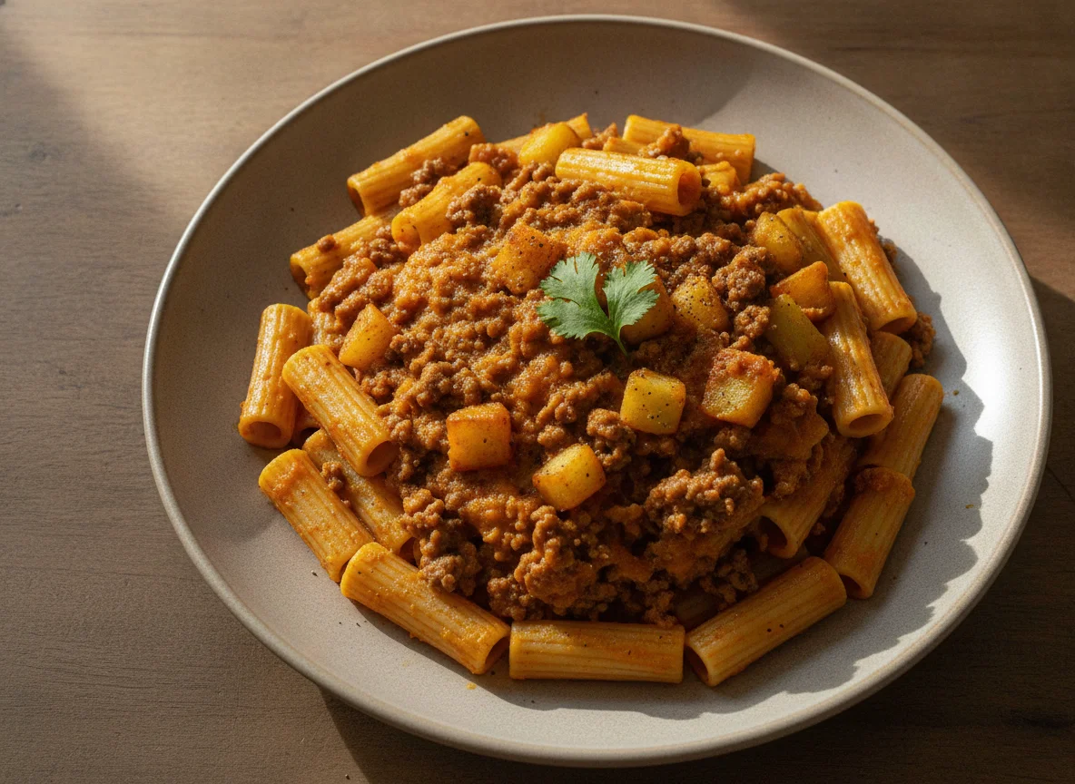 Pasta con salsa de zapallo y carne photo
