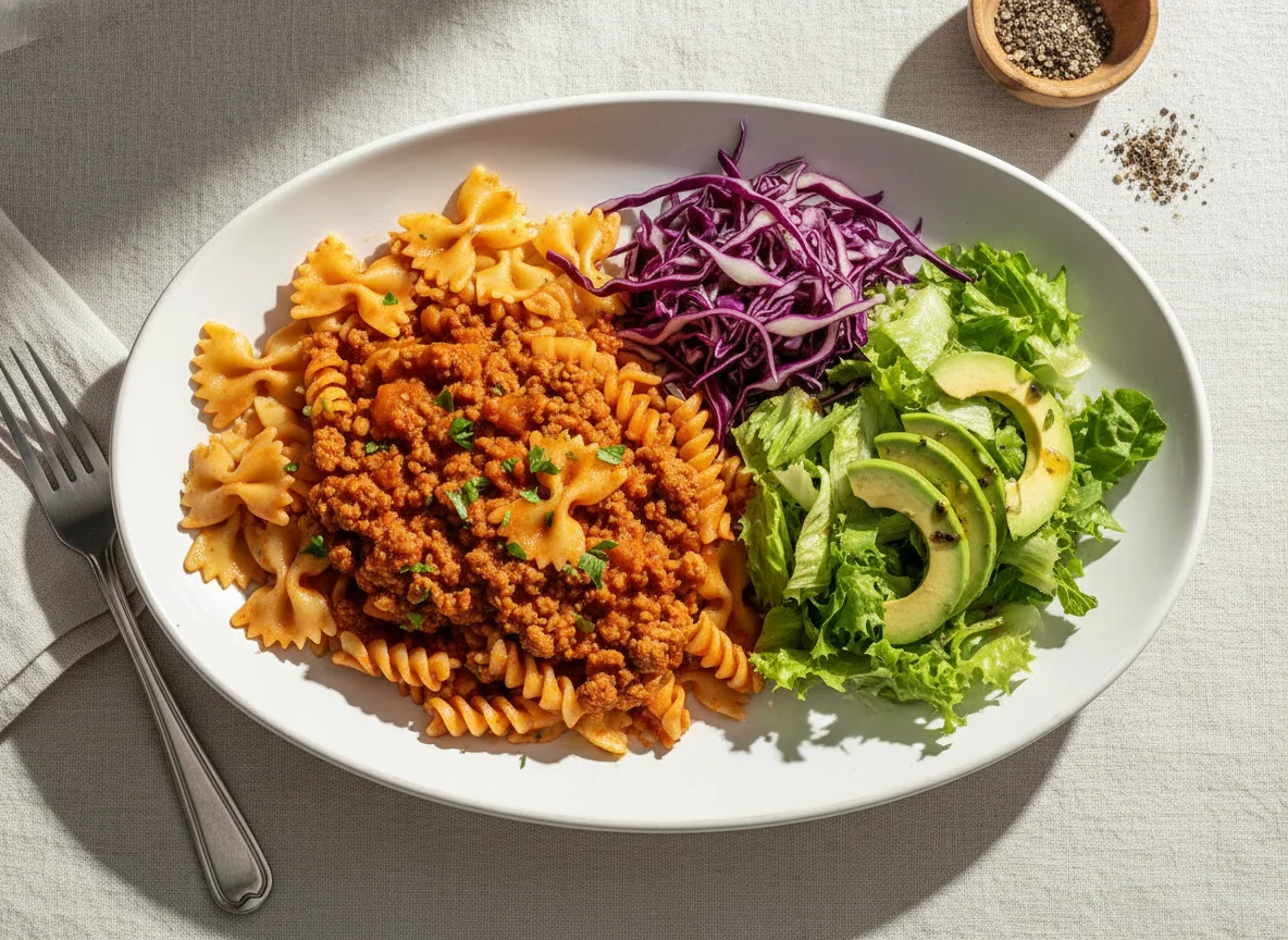 Pasta con salsa, repollo y ensalada de palta photo