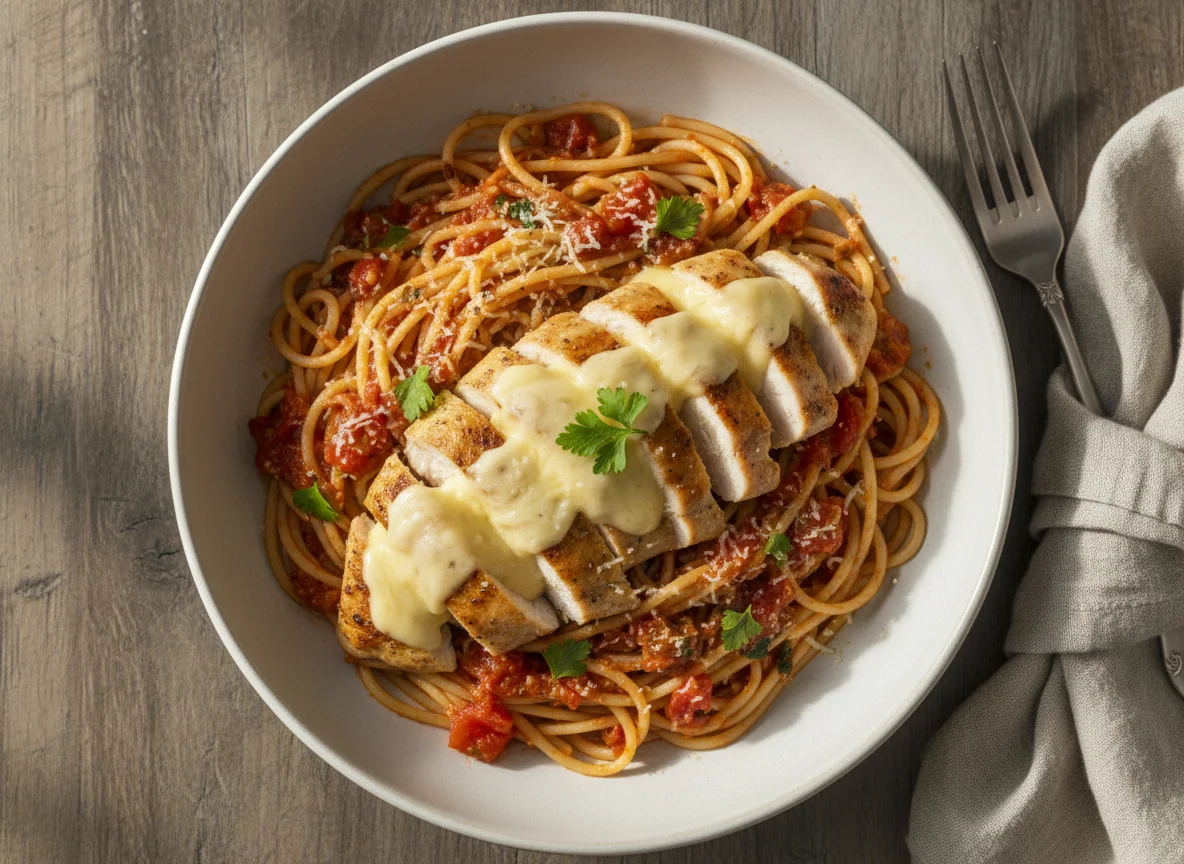 Pasta con salsa y filetes de pollo con queso photo