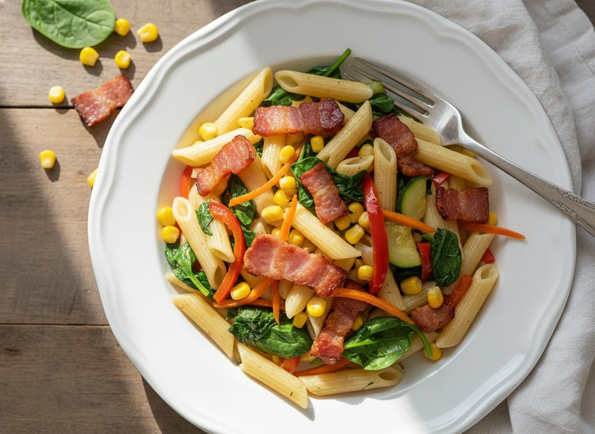 Pasta con tocino y vegetales photo