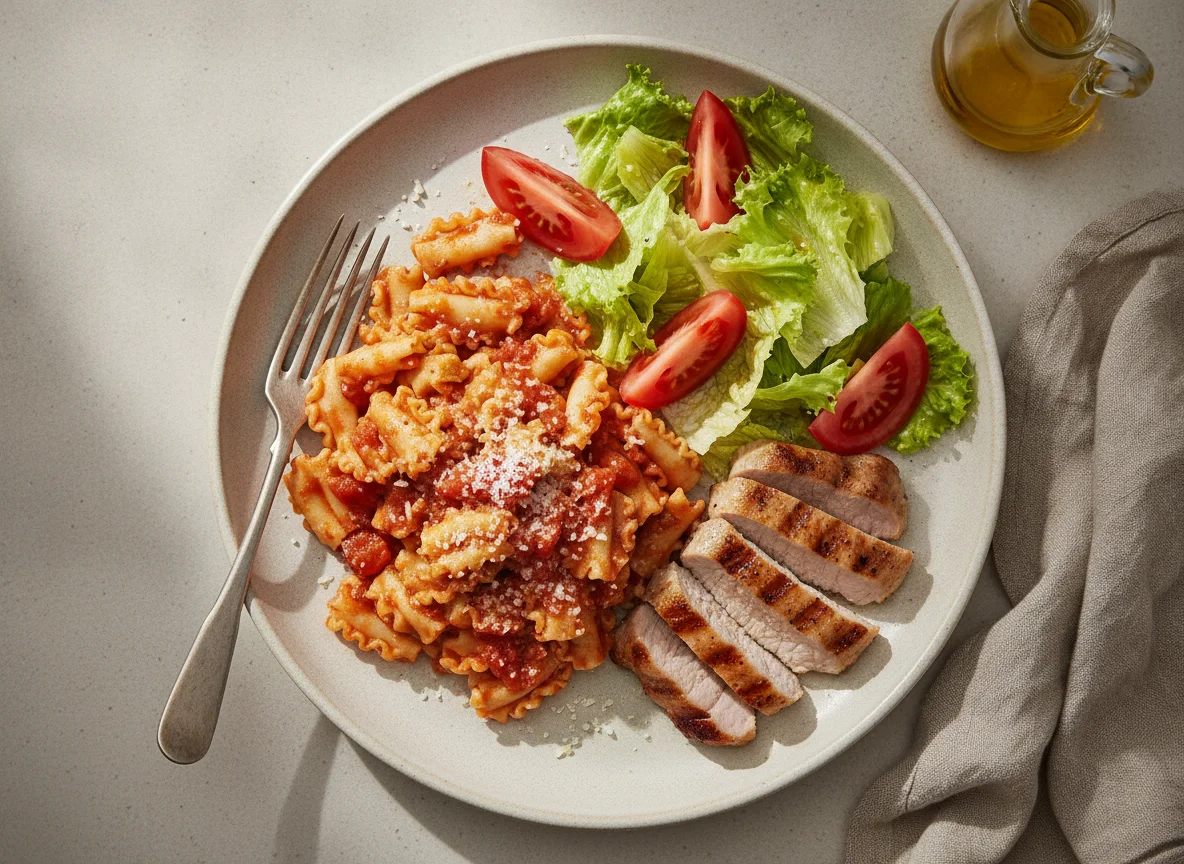Pasta con tomate, lomo de cerdo y ensalada photo