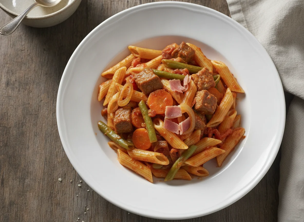 Pasta con tomate, salteado de verduras con carne y jamón cocido photo