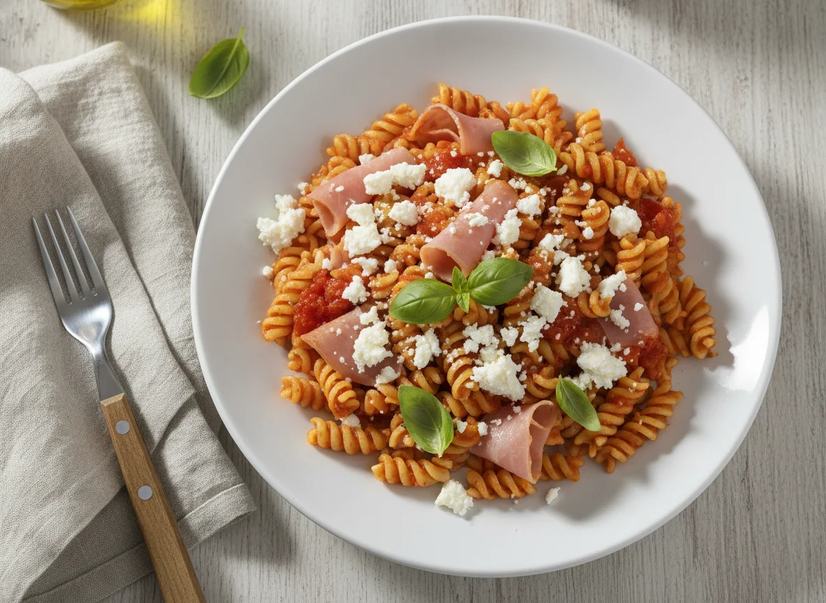 Pasta con tomate y queso fresco con jamón cocido photo