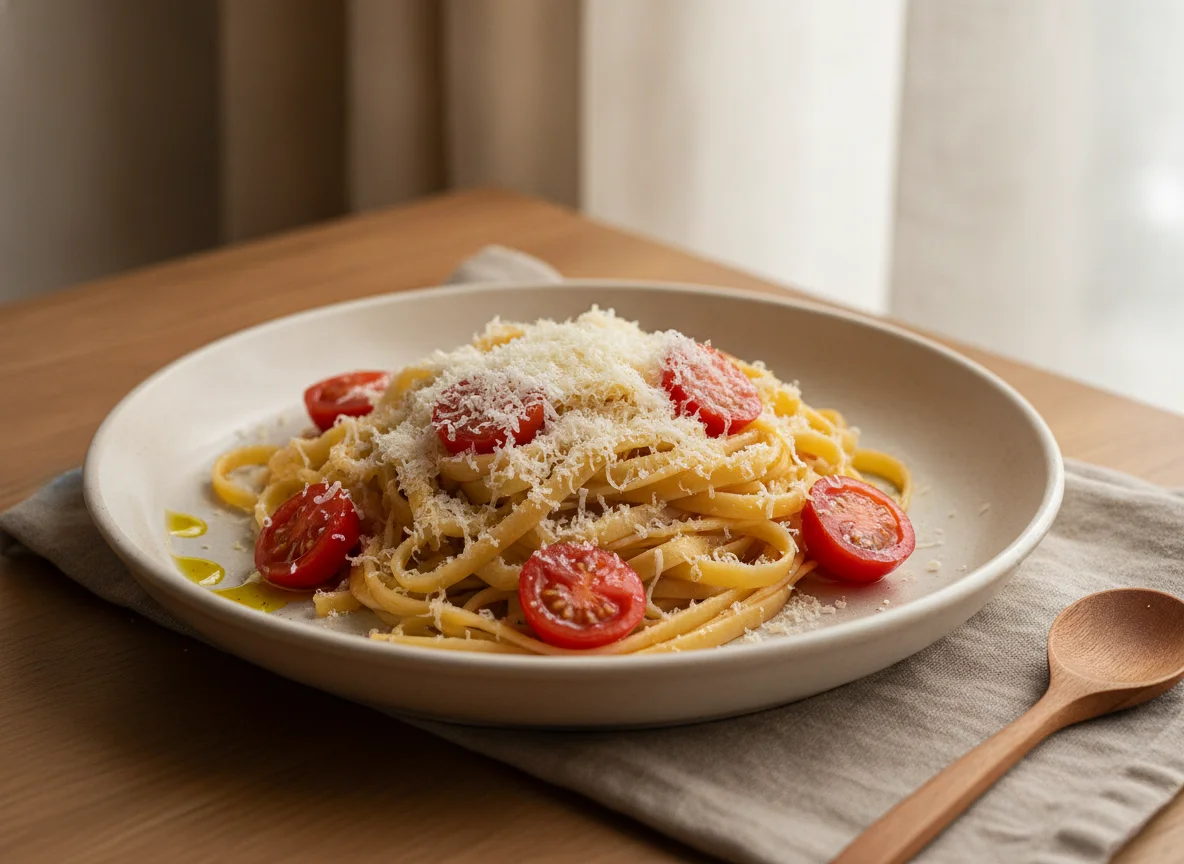 Pasta con tomates cherry y queso rallado photo