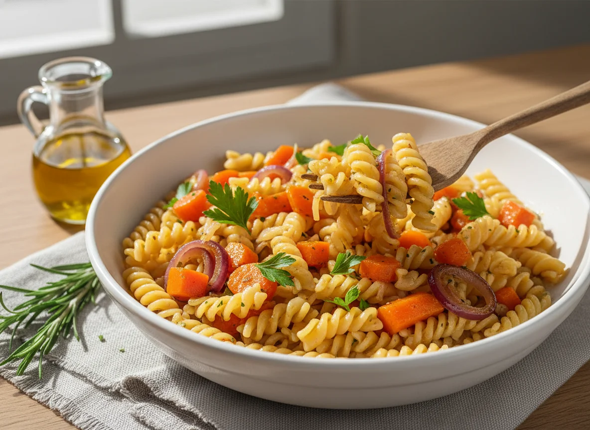 Pasta con vegetales salteados photo