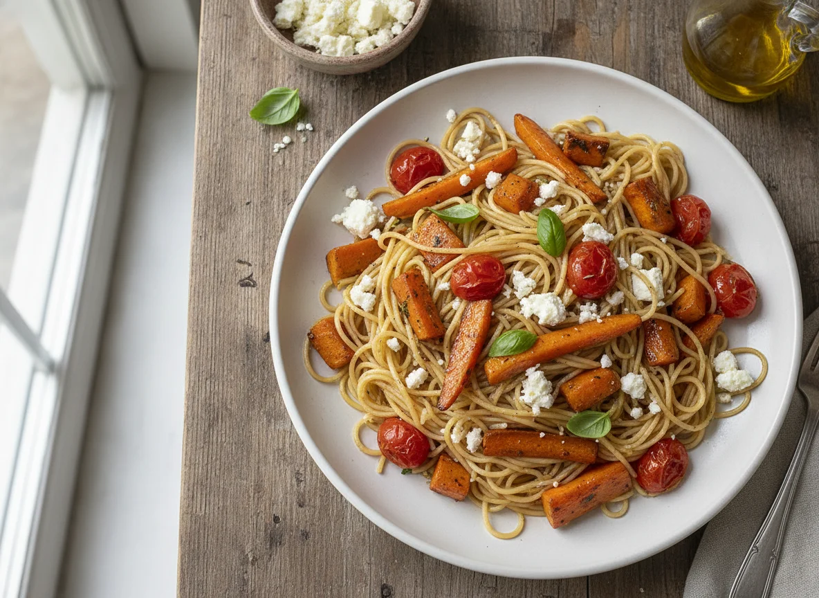 Pasta con verduras asadas y queso feta photo