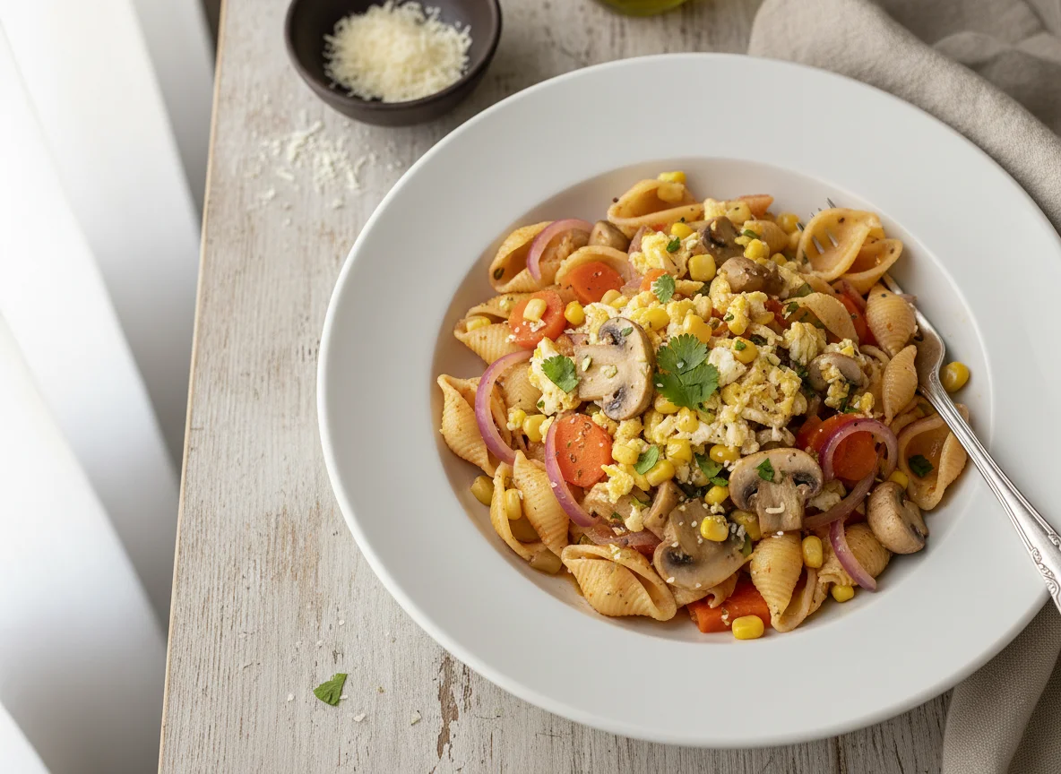 Pasta con verduras y champiñones photo