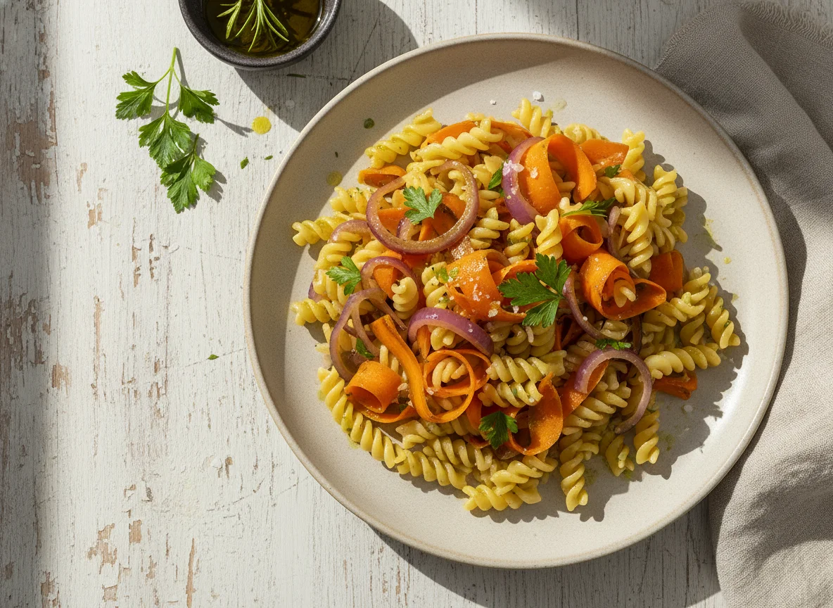 Pasta con zanahorias y cebolla photo