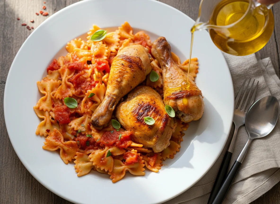 Pasta corbatitas con pollo asado photo