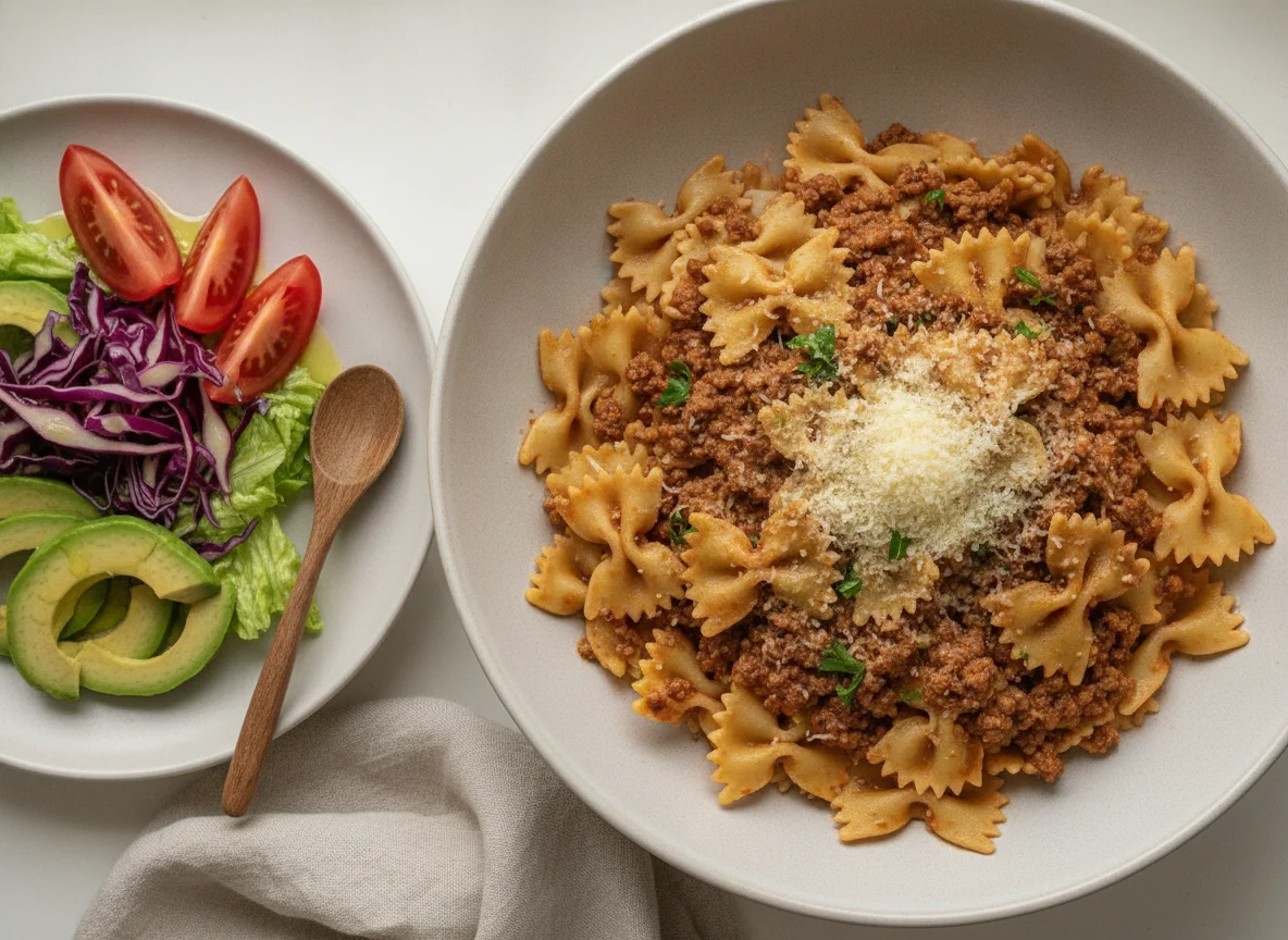 Pasta corbatitas con salsa boloñesa y ensalada mixta photo