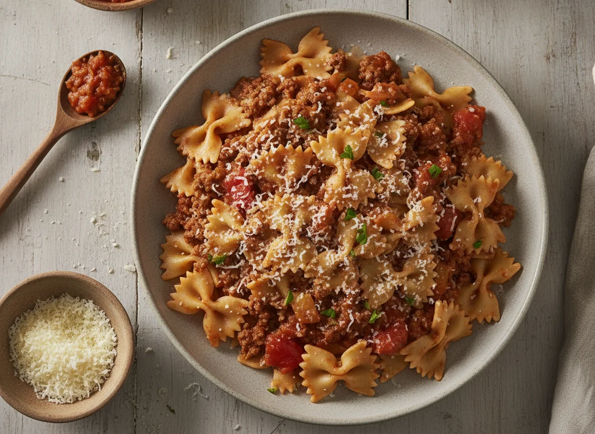 Pasta corbatitas con salsa boloñesa y queso rallado photo