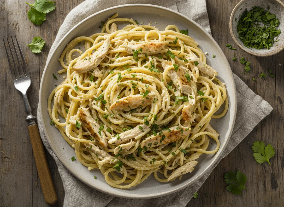 Pasta cremosa con pollo y hierbas photo