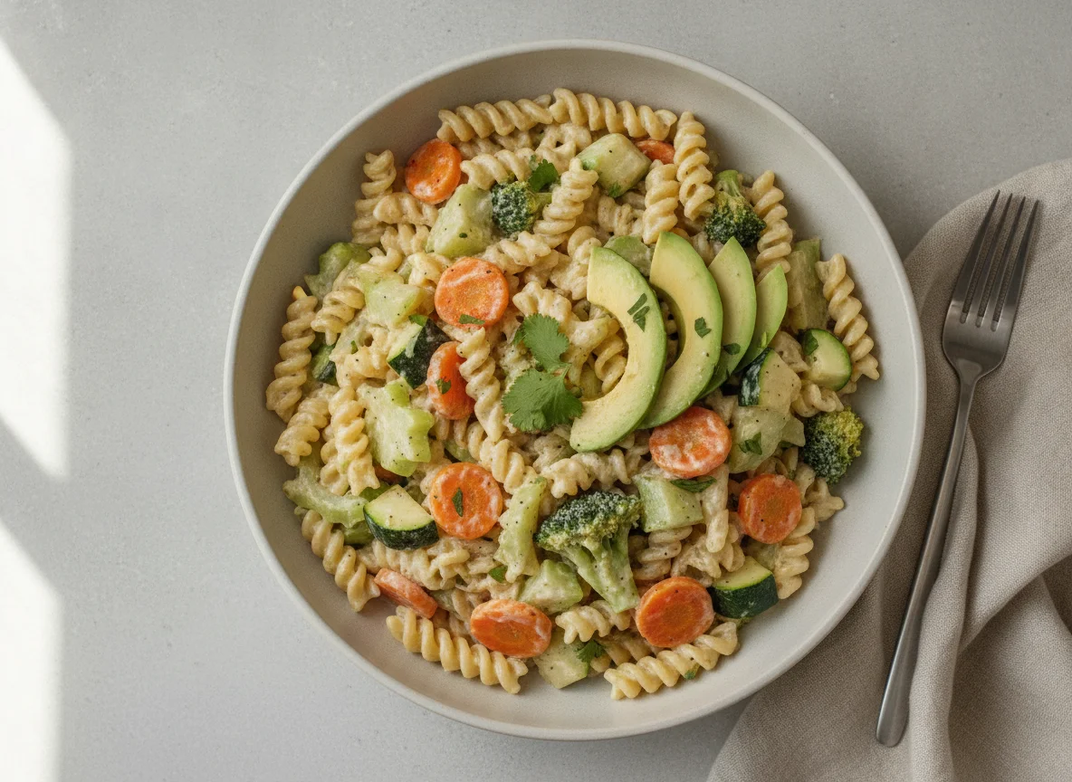 Pasta cremosa con verduras al vapor y aguacate photo