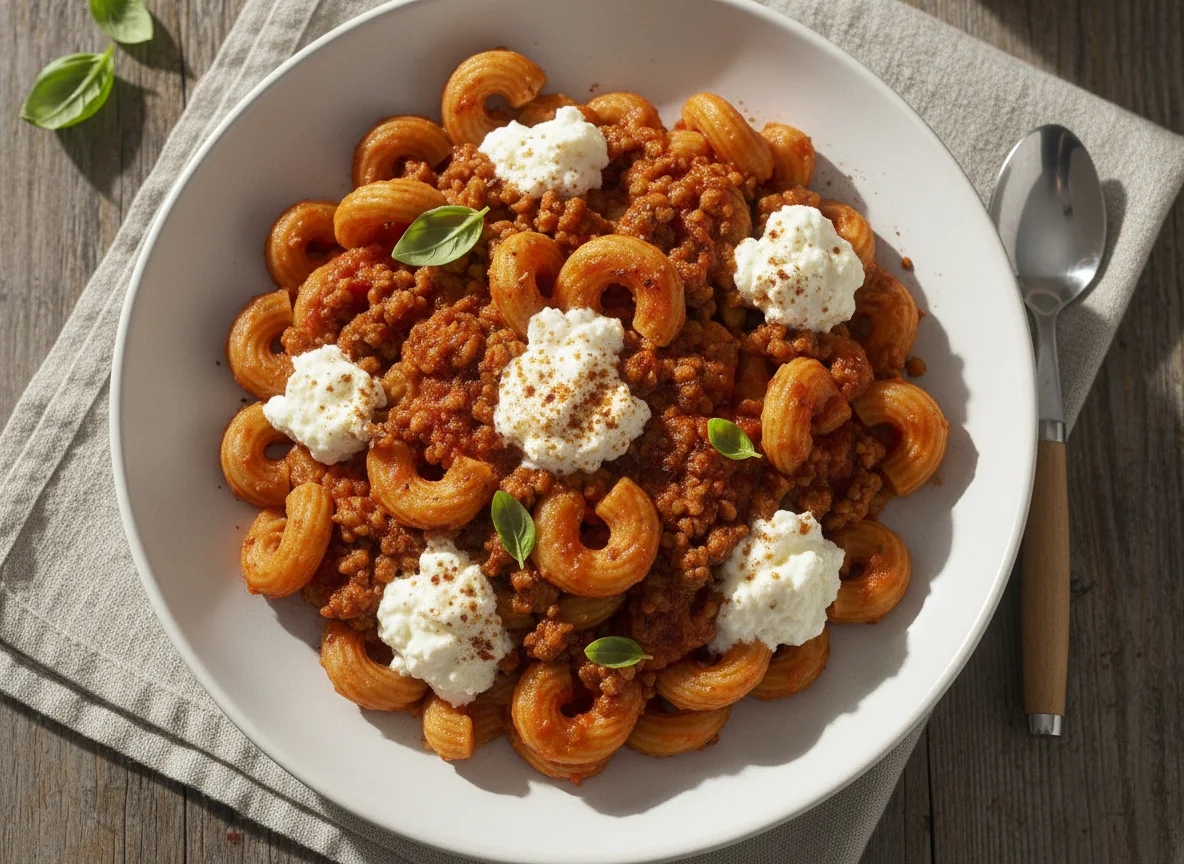 Pasta de lentejas con soja texturizada, tomate frito y queso cottage photo