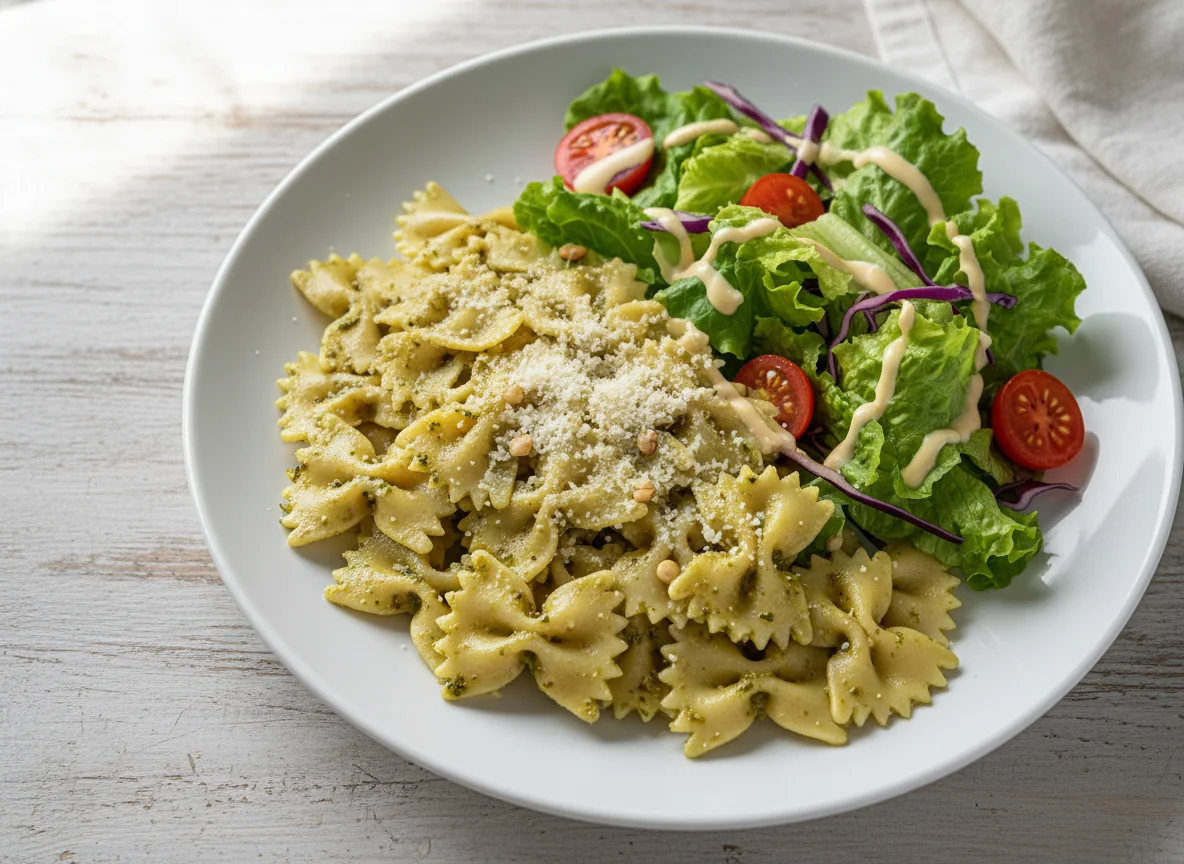 Pasta Farfalle con Pesto y Ensalada photo