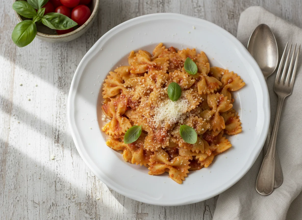 Pasta Farfalle con Salsa de Tomate y Queso Parmesano photo