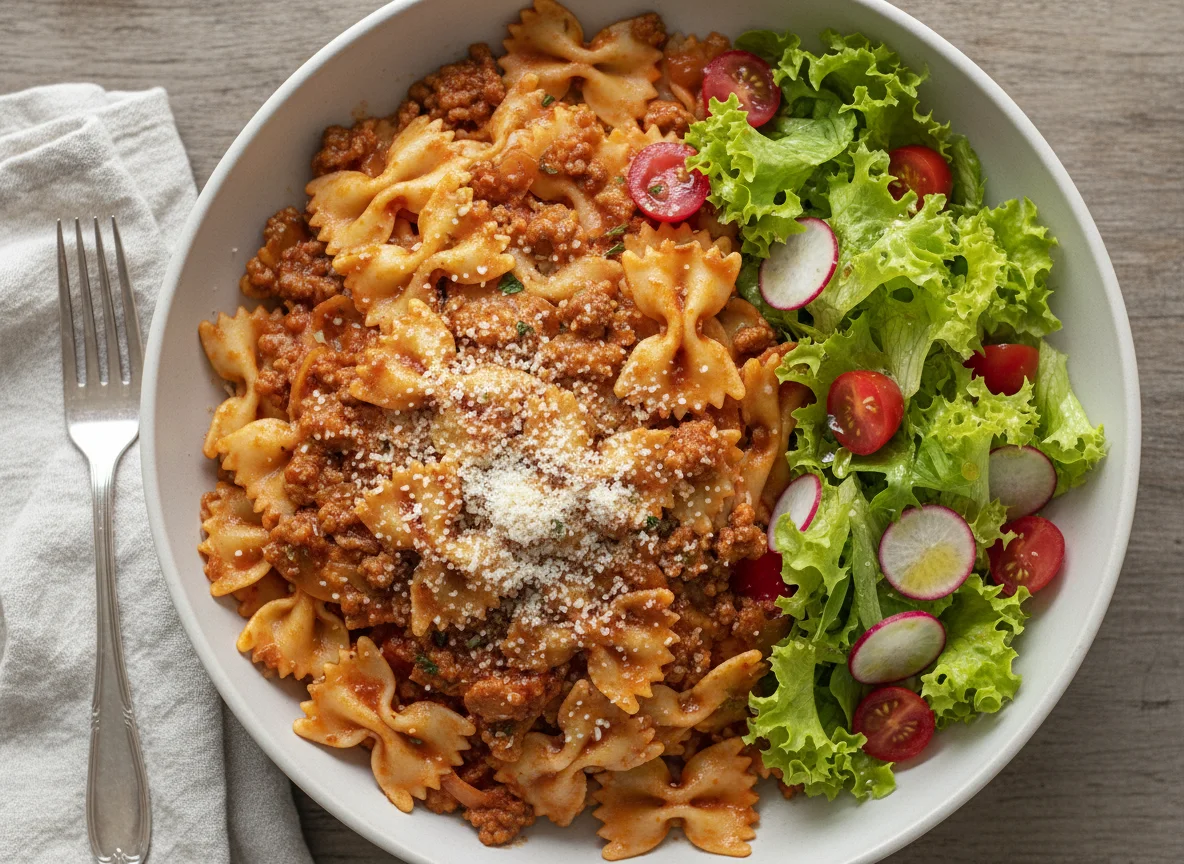 Pasta Farfalle con Salsa y Ensalada photo