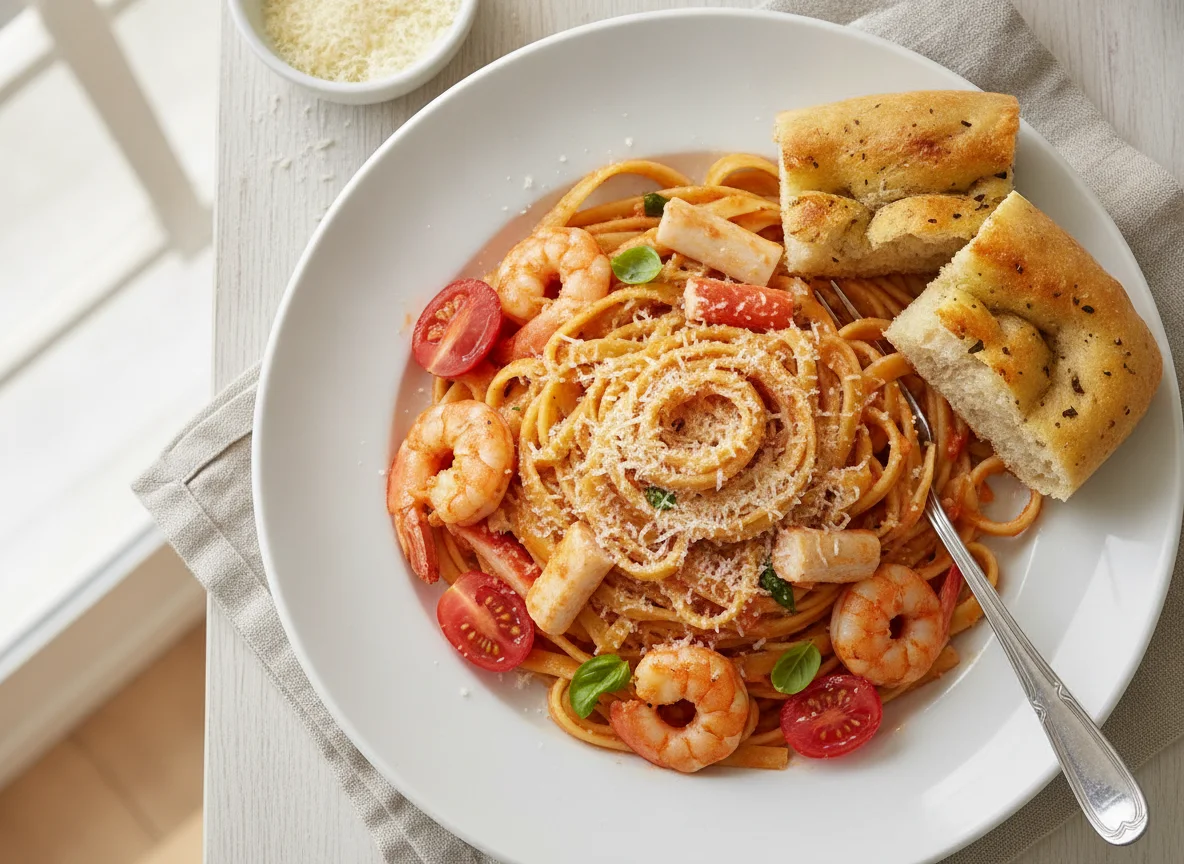 Pasta Fettuccine con Camarones y Palmitos de Cangrejo photo
