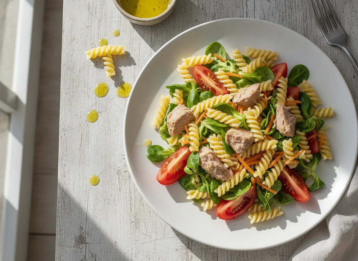 Pasta fusilli con atún y ensalada mixta photo