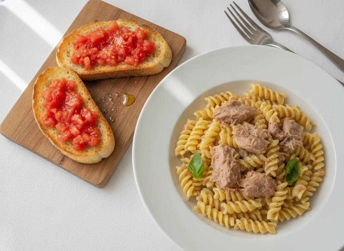 Pasta fusilli con atún y tostada con tomate photo