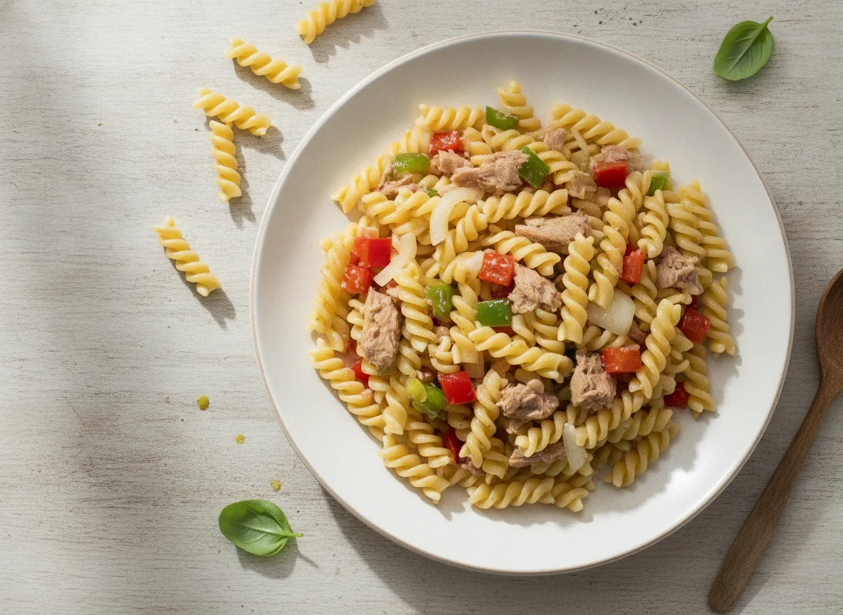 Pasta fusilli con atún y verduras photo