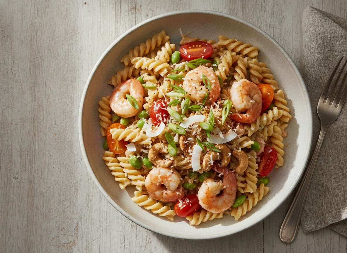 Pasta fusilli con camarones, edamame y marañón photo