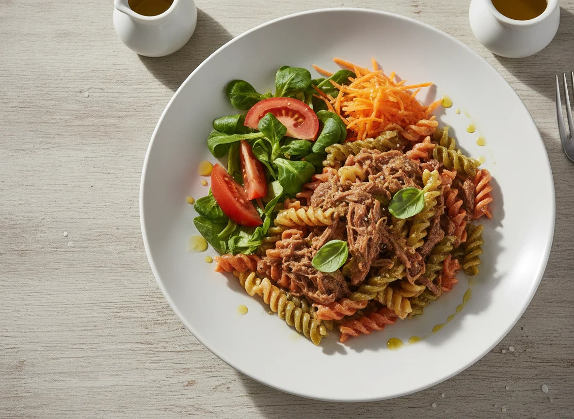 Pasta fusilli con carne de vaca y ensalada mixta photo