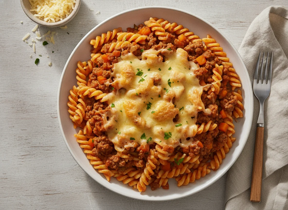 Pasta fusilli con carne molida y queso photo