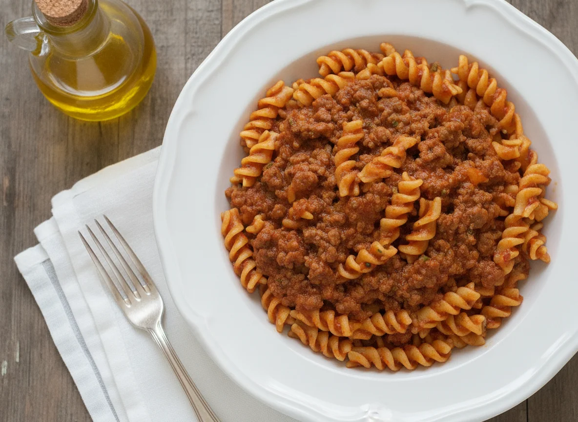Pasta fusilli con carne molida y salsa de tomate photo